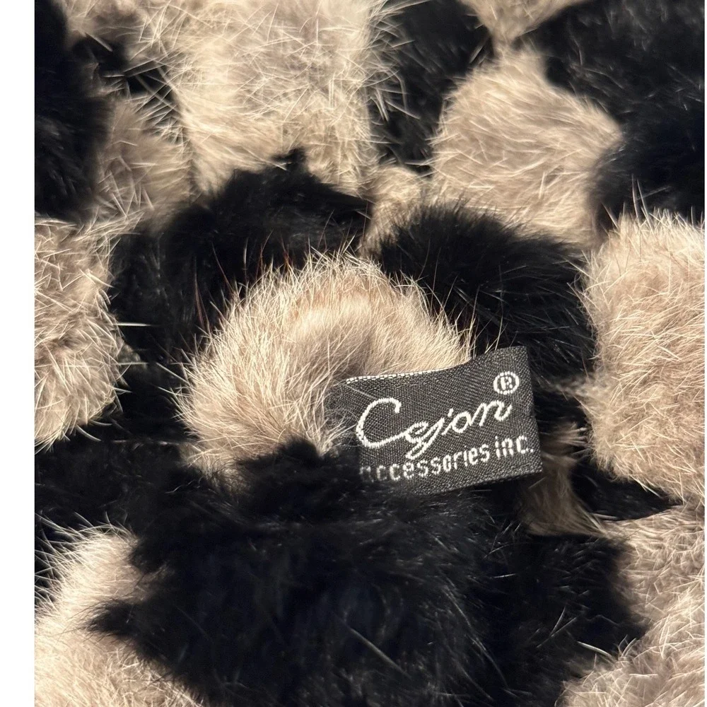 Vintage Y2K Cygnet Genuine Rabbit Fur Pom Pom Scarf Black Brown Tan Wrap